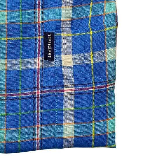 Chemise manches courtes lin à carreaux multicolor bleu - col boutonné