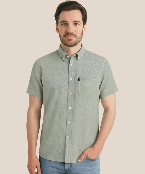 Chemise manche courte verte à rayure - Col boutonné