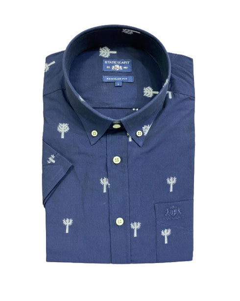 Chemise manches courtes bleu nuit brodées