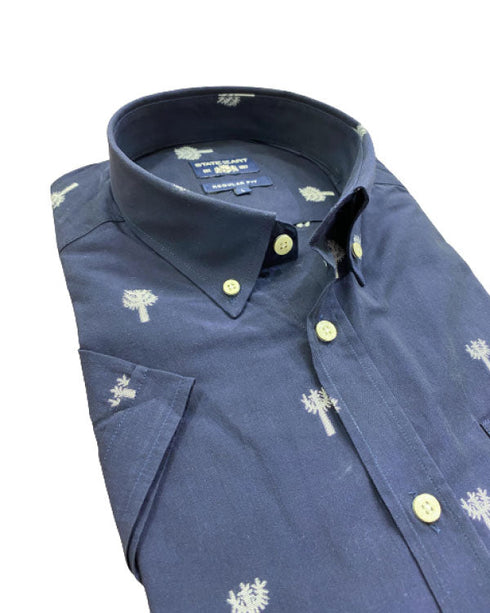 Chemise manches courtes bleu nuit brodées