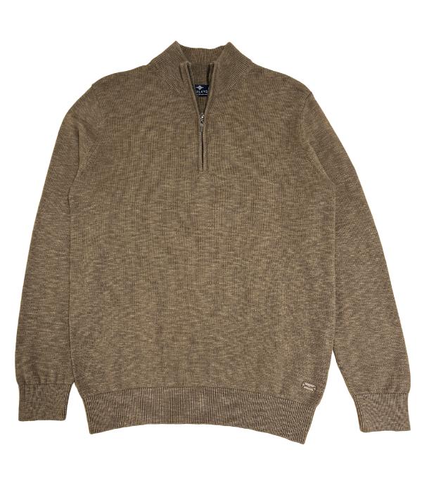 Pull simple zippé en coton lin couleur marron