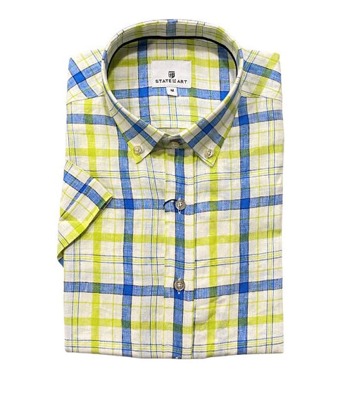 Chemise Manches Courtes Lin À Carreaux Multicolor jaune d'or - Col Boutonné