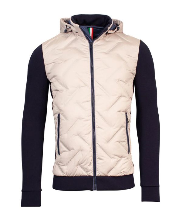 Bomber hybride blanc cassé avec manche bleu foncé