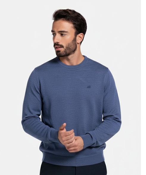 Pull bleu jeans avec col rond - Lana merino - Made in Italy