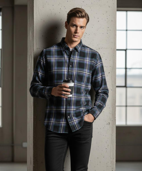 Chemise Flanelle Coton Noire Homme - Carreaux Multicolores - Confort Hiver