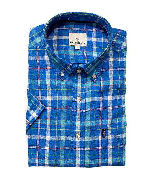 Chemise manches courtes lin à carreaux multicolor bleu - col boutonné