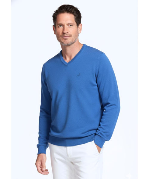 Pull homme GREEN COAST bleu col V en laine mérinos