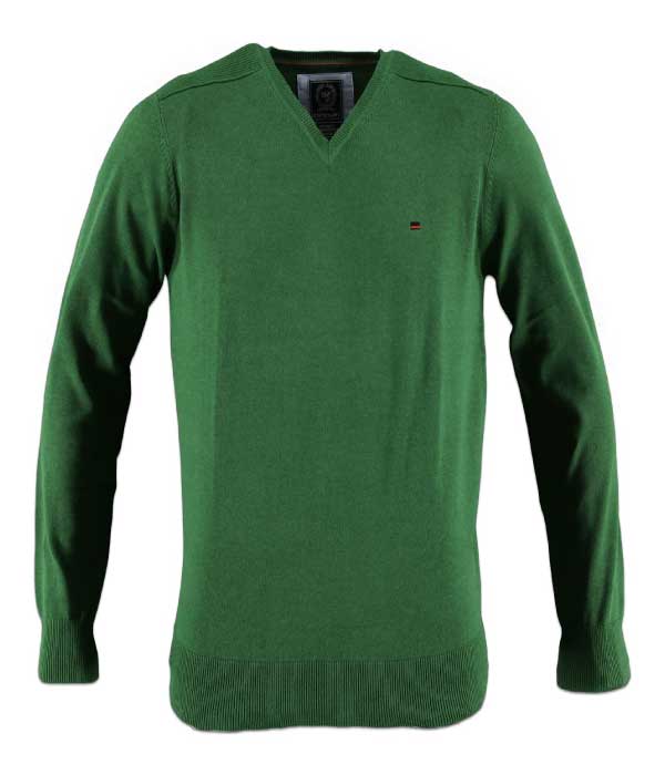 Pull col V uni de couleur verte